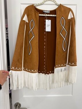 Women's Tan Suede Fringe Open Jacket